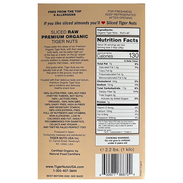 SLICED TIGER NUTS KILO BOXES (2.2 LBS) GLUTEN AND NUT FREE, ORGANIC, HIGH FIBER AND NUTRITION, LOW IN FATS, NON ALLERGENIC, AIP, PALEO