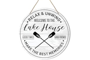 MUKTOUJAUMAI Lake House Welcome Sign Front Door Decor, Summer Welcome Round Hanging Sign Decor Lake Wall Decorations Entryway Wood Sign for Door, Porch, Home, Housewarming Gift for Lake House, Relax & Unwind
