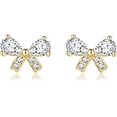 Reffeer Solid 925 Sterling Silver CZ Bow Stud Earrings for Women Teen Girls Small Cute Bow Earrings Stud Hypoallergenic