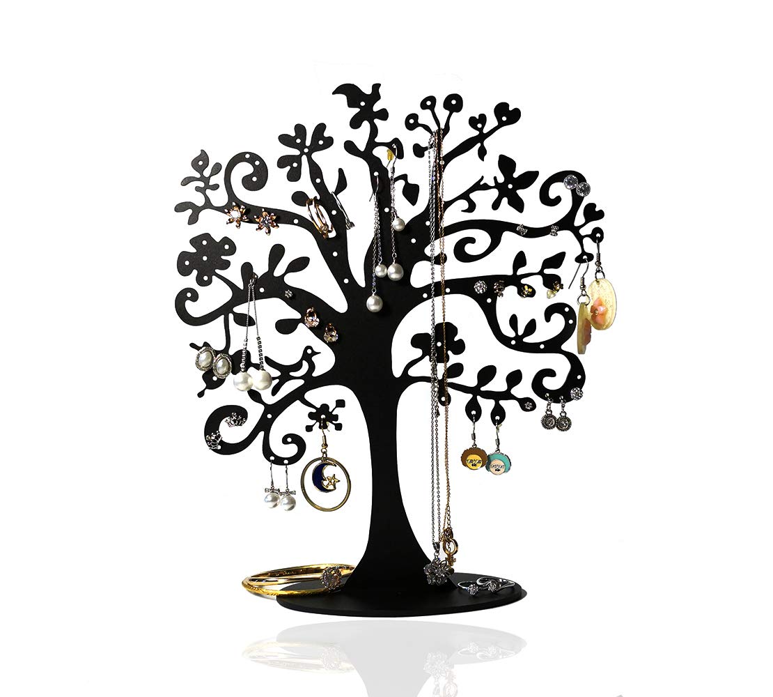 Qktxktzy Tree of Life Earring Tree Stand Holder with 77 Small Holes for Hanging Dangly Earrings Ear Studs, Metal Black Earring Jewellery Organiser, Perfect Gifts for Girls Women Mother