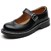 XMM Mary Jane Shoes Women Oxford Shoes Leather Round Toe Flats Non-Slip Ankle Buckle Strap Comfort Casual Dressy Cosplay Party School Work Shoes