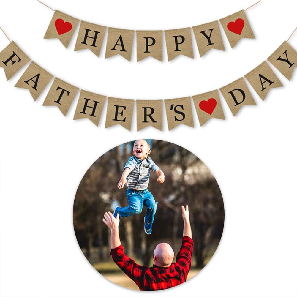 SWSATYW Burlap Happy Father's Day Banner Supplies Father's Day Party Bunting Garland Decorations, Light Brown with Red Accents - Image 3