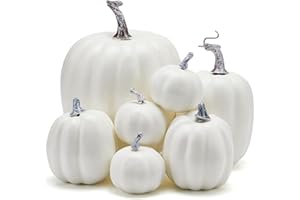 Zensounding Halloween Autumn Harvest Festival 7 Artificial Pumpkins of Various Styles Decorate Rural Style Farmhouses Foam Pumpkins Thanksgiving Dinner Party Home Festival Autumn Decoration (White)