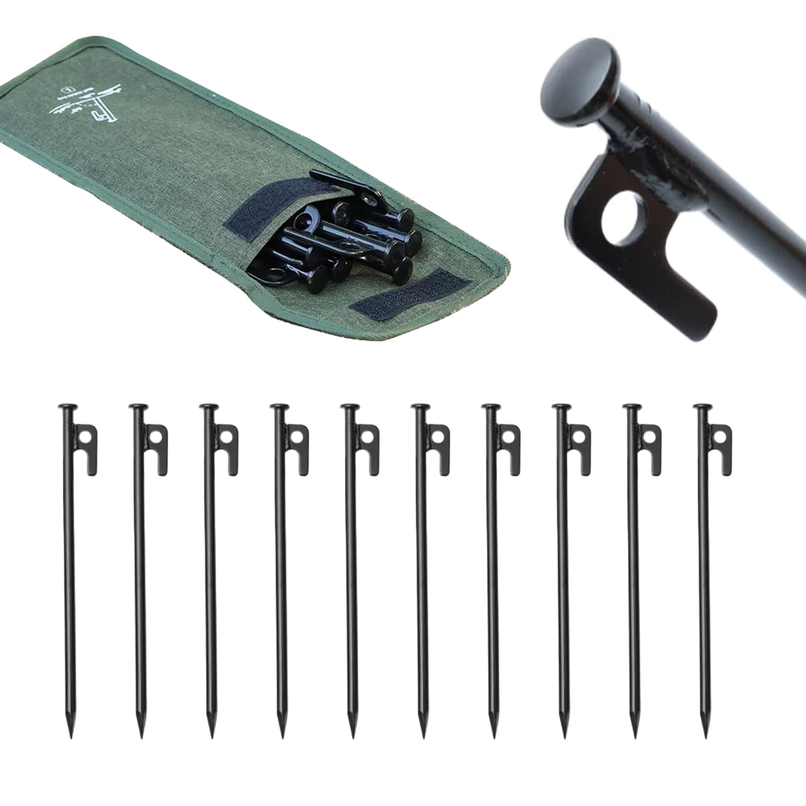 JIMCOM 10 Pack Heavy Duty Tent Pegs, 20cm High Strength Forged Steel Camping Tent Stakes with Hook and Hole for Outdoor Trip Hiking Gardening Large Hard Ground Rocky