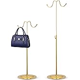 bjewego Purse Display Stand and Wreath Stand, Double Hook Gold Handbag Holder for Closet, Adjustable Height 15-28 Inches, Heavy Duty Iron Bag Hanger for Boutique Retail Display, Shiny Gold