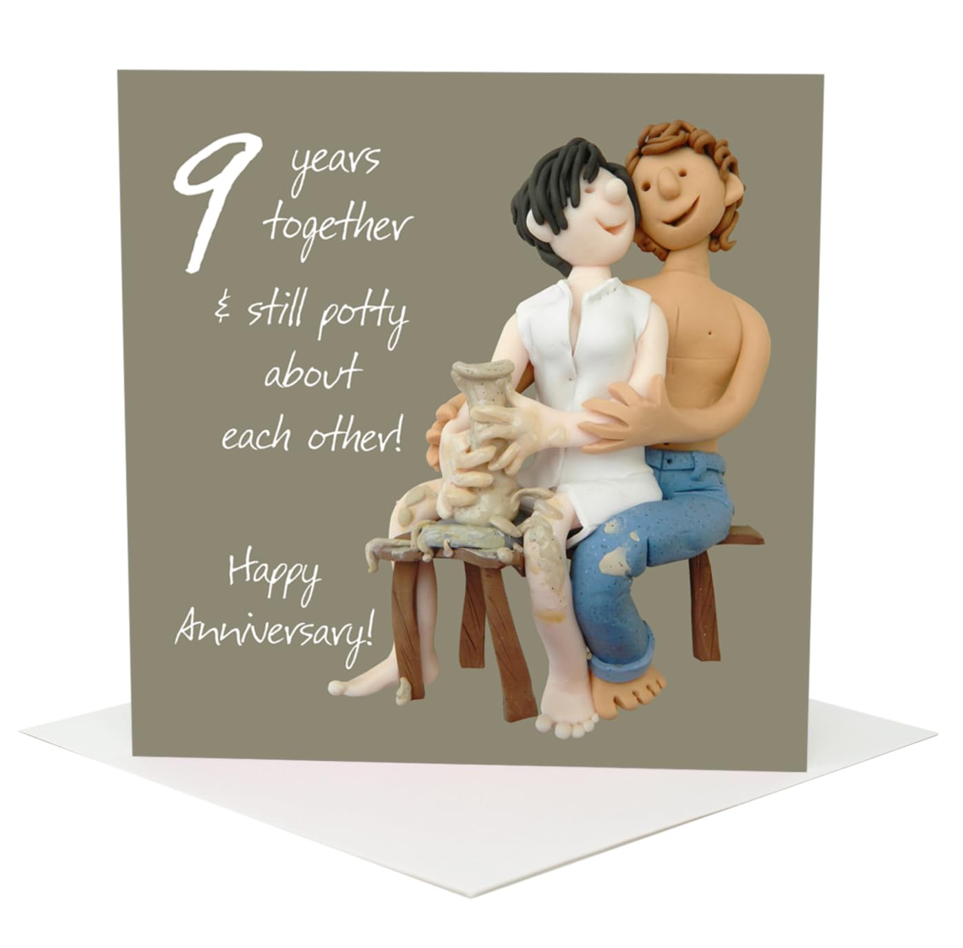 Holy Mackerel nine years still potty pottery 9th wedding anniversary card - designed by artist Erica Sturla - 15cm square and blank inside for your message - made in the UK