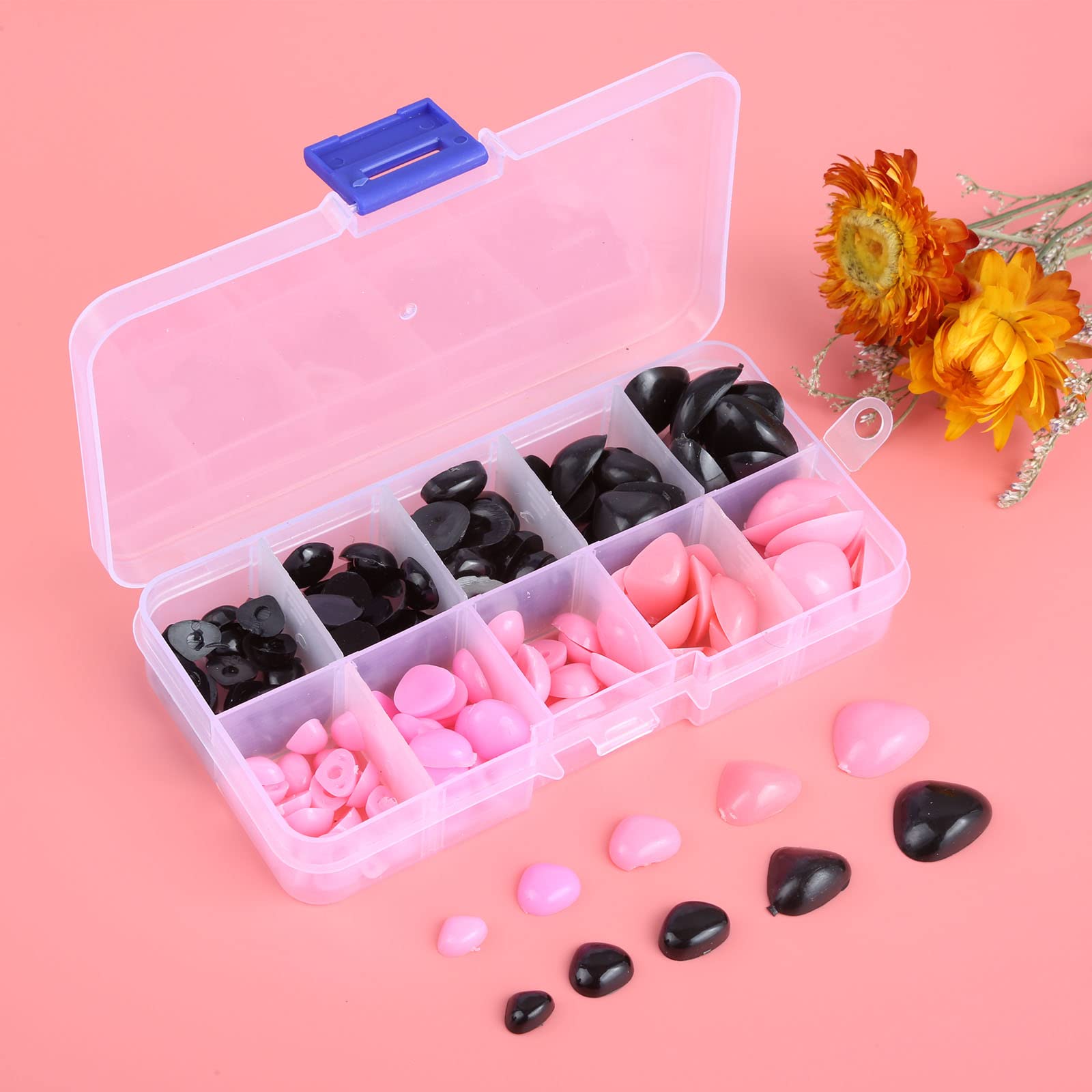 Yetaha 150PCS Plastic Nose, 5 Sizes Craft Triangle Nose for Stuffed Animals Doll, Bear, Dog, Puppet DIY Making, Black&Pink