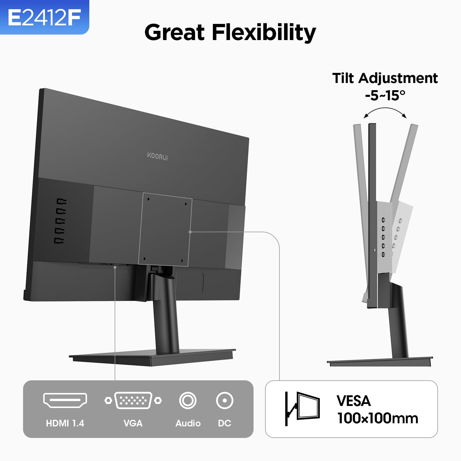 KOORUI 24-inch Computer Monitor Full HD 1920 x 1080p 100Hz VA Display 3000:1 Contrast Ratio with HDMI VGA, Three-Sided Slim Bezels, 100 x 100 mm VESA Mountable, Ergonomic Tilt, Black