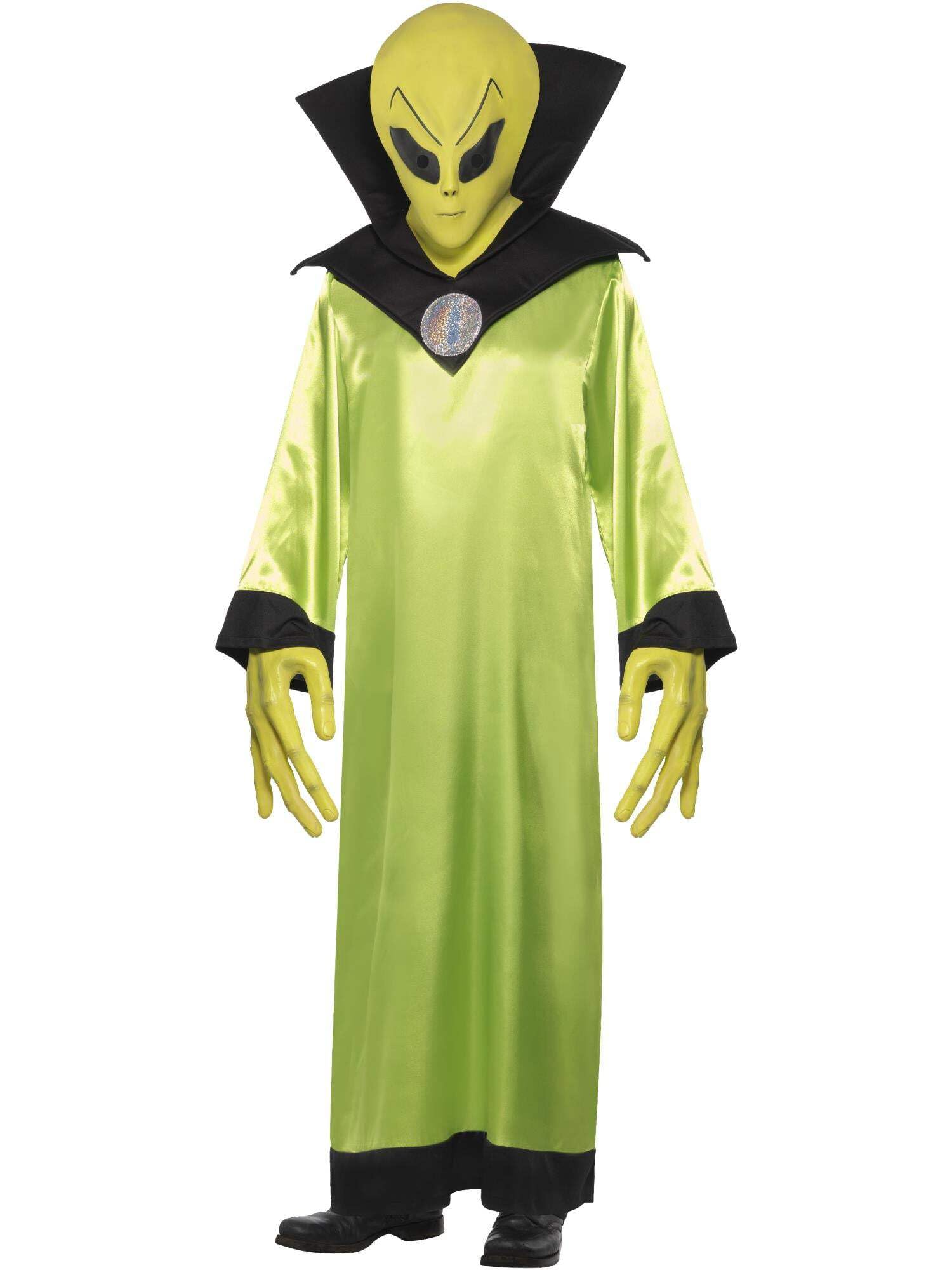 Smiffys Alien Lord Costume, Green with Robe, Mask and Hands, Halloween Adult Fancy Dress, Alien Dress Up Costumes