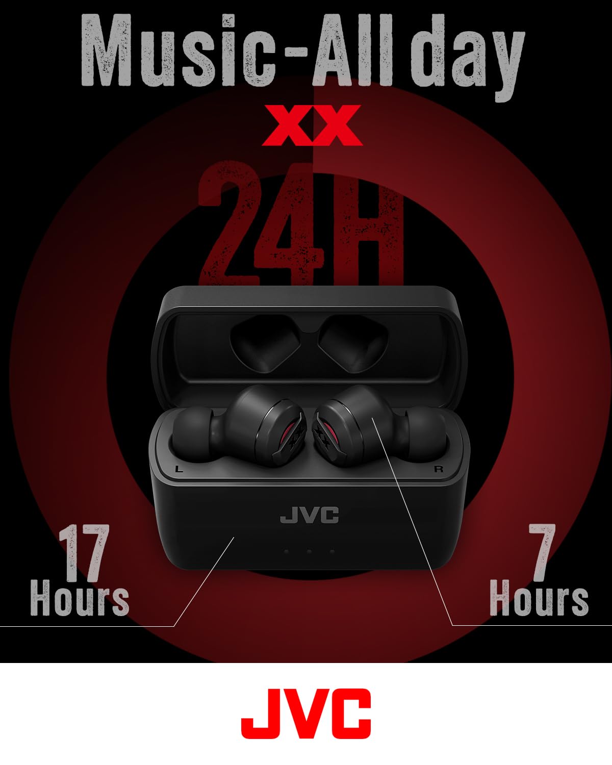 JVC New XX True Wireless Earbuds Headphones, Long Battery Life (up to 24 Hours), Extreme Deep Bass with Special Tuning, Shock Proof and Dust Proof, Water Jet Proof (IPX55) - HAXC62TR (Black Red)