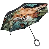 MCHIVER Fox Inverted Reverse Umbrella with C-shaped Handle Waterproof Upside Down Umbrella Windproof Double Layer Travel Umbr