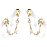 PAVOI 14K Gold Plated Delicate CZ Chain Earrings for Women - Double Piercing Dangle Chain Studs - Cubic Zirconia Earscapes