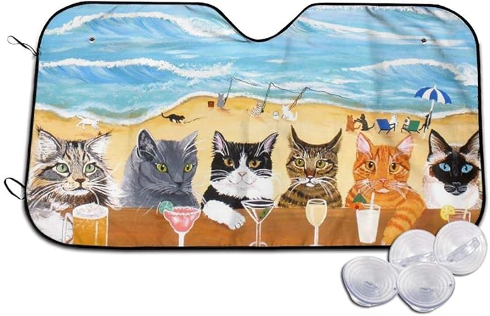 Amazon Bli Byan 猫 ビーチ 車用 サンシェード カーフロントカバー シート フロントガラス 日除けシェード 130 70cm 吸盤取付 ゴム 遮熱 汎用 遮光 折りたたみ カーシェード A 6 S 車 バイク 車 バイク