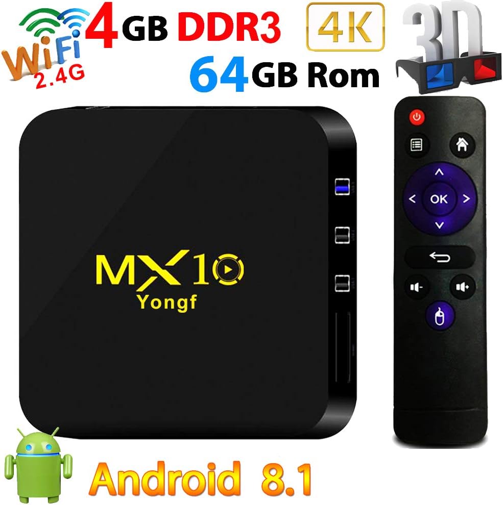 Android TV Box 4G 64G MX10 Smart 4K TV Box Android 8.1 RK3328 Quad Core with 4K (60Hz) Full HD / H.265 / WiFi Set Top Box with 3D TV 4K Ultra HD