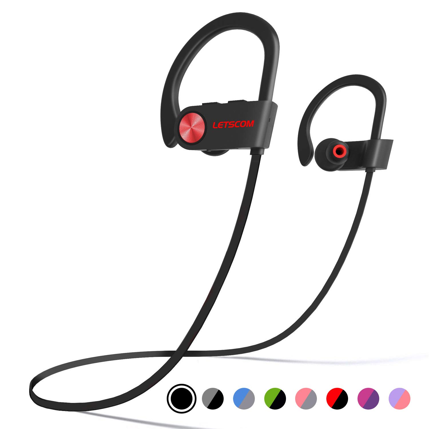 LETSCOM Bluetooth Headphones IPX7 Waterproof, Wireless Sport Earphones, Hifi Bass Stereo Sweatproof Earbuds W/Mic, Noise Cancelling Headset for Workout, Running, Gym, 8 Hours Play time