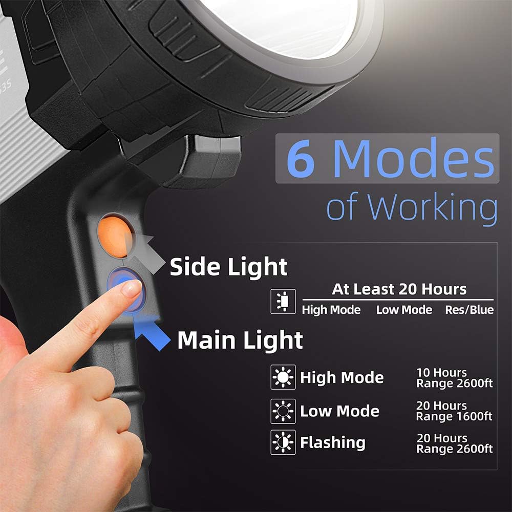 YIERBLUE Rechargeable spotlight, Super Bright 6000 Lumen LED Flashlight Handheld spotlight 10000mAh Long Lasting Large Flashlight Searchlight and Flood Camping Flashlight with Foldable Tripod (Silver) - - 