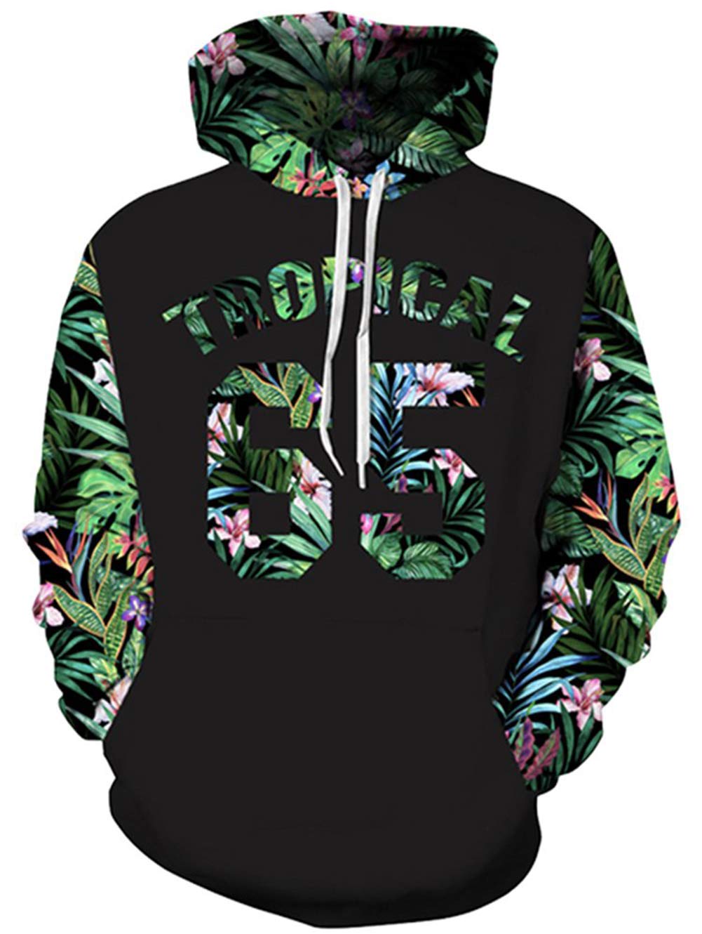 TUONROAD 3D Long Sleeve Hoodies Tshirt Tropical Number Pattern Floral Leaves Blossom Drawstring Hooded Pullover for Men Women Guys Athletic Volleyball Basketball Sweatshirts with Big Pocket