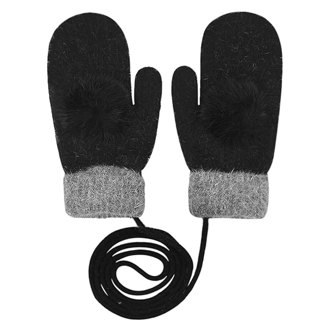 Womens Ladies Girls Elegant Winter Super Warm Cozy Thick Wool Cashmere Knit Gloves Mittens With Fur Pom Cold Weather Windproof Full Finger Stretchy