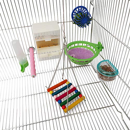 Bird Cage Accessories Set(7 Packs), Parrot Perch Play Stand, Watering and Feeding Supply, Vegetable Fruit Basket, Swing Hanging Toy, Bird Feeder for Finch Cardinal Budgies Parakeets Lovebirds Small A