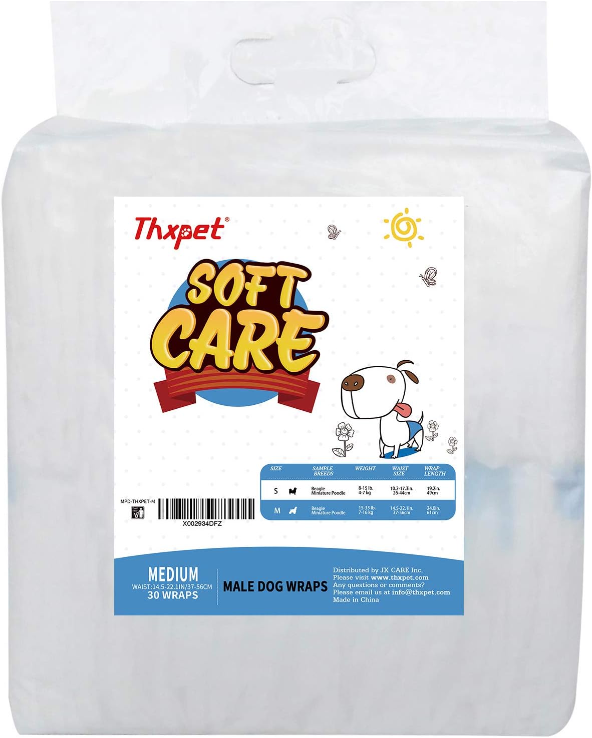 Thxpet Disposable Dog Diapers for Male Dogs, Male Dog Wrap Urine Show Design, Super Absorbent Leak-Proof 30 Count
