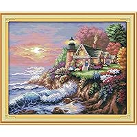 Joy Sunday Cross Stitch Kit 14CT Stamped Embroidery Kits Precise Printed Needlework- The Seaside Lighthouse(1) 45X38CM