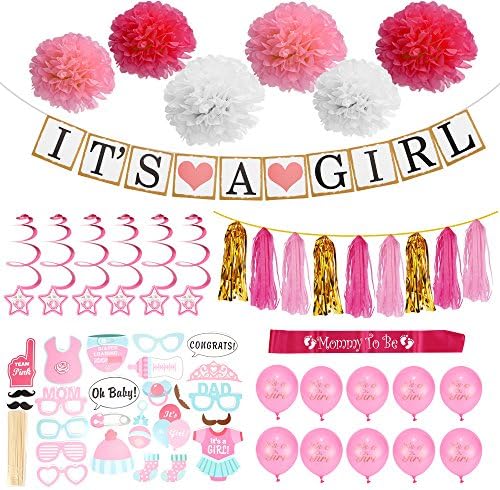 Girl Baby Shower Decorations 64 Pieces Highest Quality [Bonus EBOOK] Balloons, Pom Poms, It's a Girl Banner, Mommy to Be Sash, Photo Booth Props, Elephant Swirls, Tassels - White, Pink, Gold
