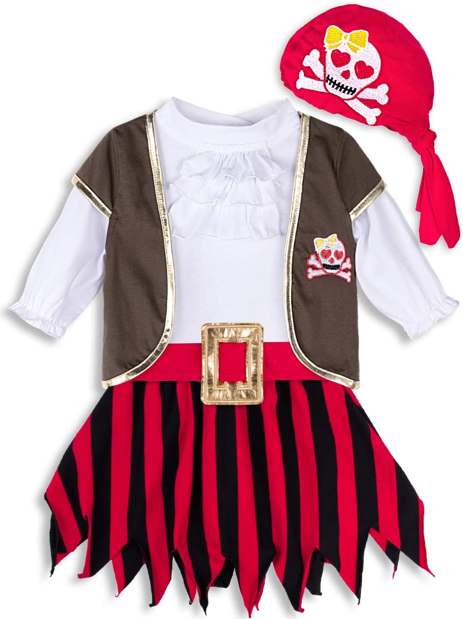 COSLAND5pc Baby and Toddler Girls' Pirate Costume, Cotton, Halloween Outfit, 3 Months-4T