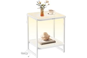 VASAGLE End Table, 2-Tier Side Table with LED Lights, Modern Nightstand, Square Bedside Table, Frosted Glass, Bottom Shelf, for Bedroom, Cloud White and Pearl White ULET232W01