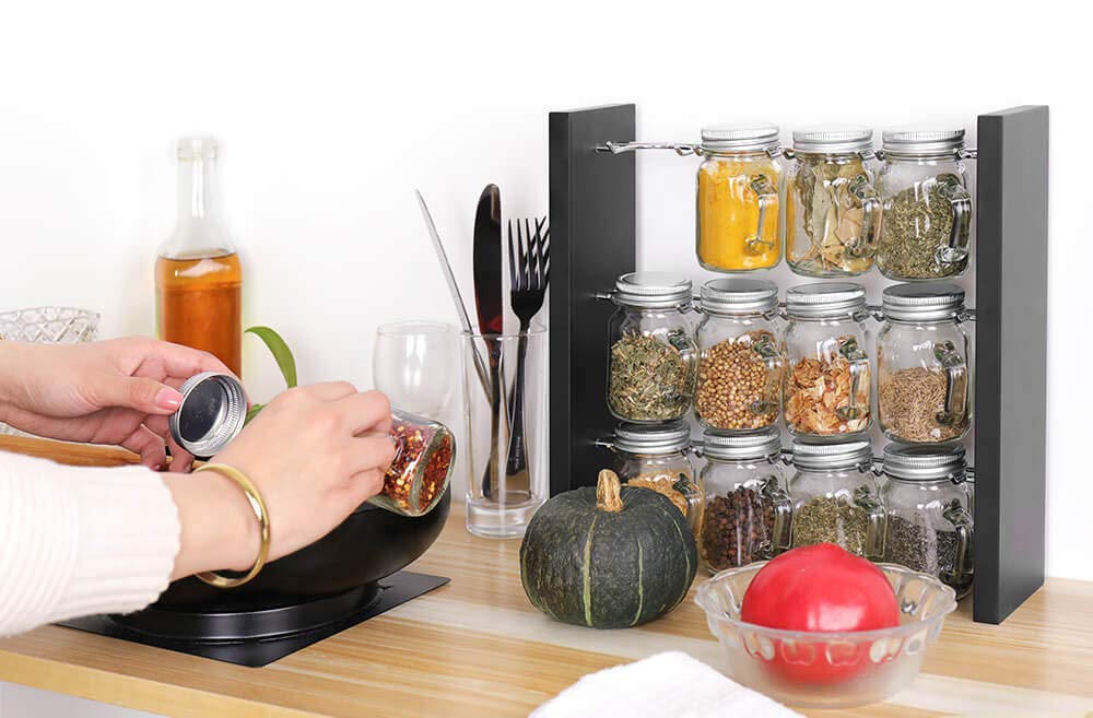 Updated Version(New Bottle Appearance With Handle) Spice Rack Stand Holder Wood Herb and Spice Rack Stand with 12 Clear Glass Jar Bottles for Kitchen Counter (Spices Not Included)