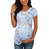 Women's Maternity Tops Short/Long Sleeve Round Neck Front Pleat Peplum Tunic Top Pregnancy Casual T Shirts