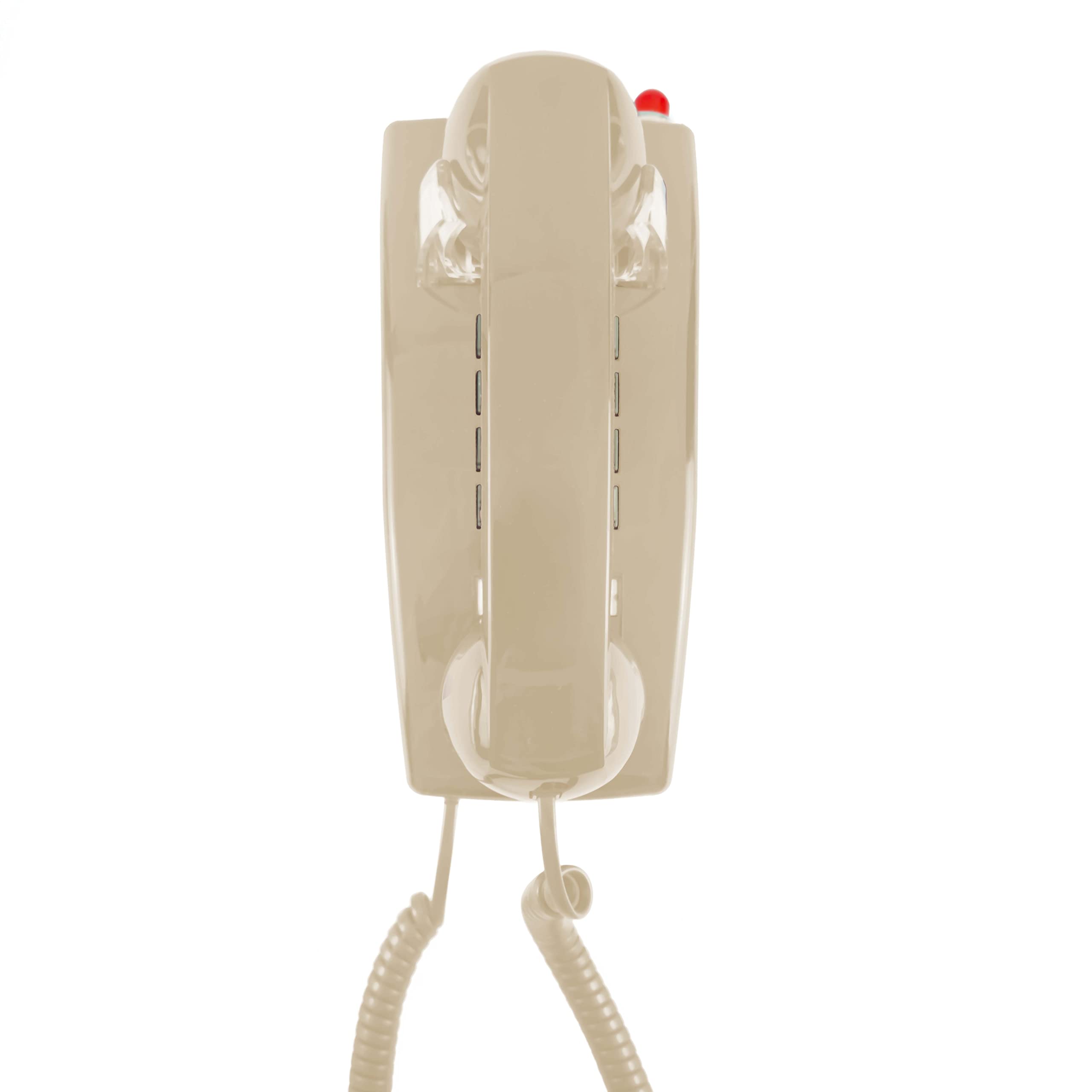Opis Wallfon Cable: Beige Wall Mounted Telephone - the Corded Landline Wallphone in Retro Style just like a Vintage Wall-Mounted Phone of Old
