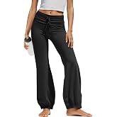 Yanekop Womens Wide Leg Leggings Fold Over High Waisted Flare Yoga Pants | Straight Leg Bubble Yoga Pants, Drawstring Tummy Control Leggings, Stretchy Workout Gym Athletic Pants