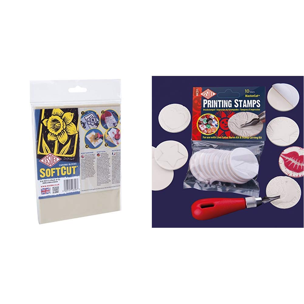 ESSDEE SoftCut Printmaking and Carving Blocks (200 x 150 x 3.0 mm Pack of 2) & Self-Adhesive MasterCut Printing Stamps (For use with Lino Cutter and Stamp carving kit)
