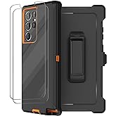 for Samsung Galaxy S22 Ultra Case with Belt Clip Holster, 2X Screen Protector, Military Grade Protection Heavy Duty Full Body Shockproof Rugged Protective Cover for Samsung S22 Ultra 5G Orange