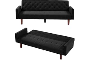 mikibama Tufted Linen Futon Sofa Couch Bed for Living Room Convertible Fabric Upholstered Sleeper Futon Sofa Guest Bed Twin Size with Solid Wood Legs for Apartment Small Spaces (Black)