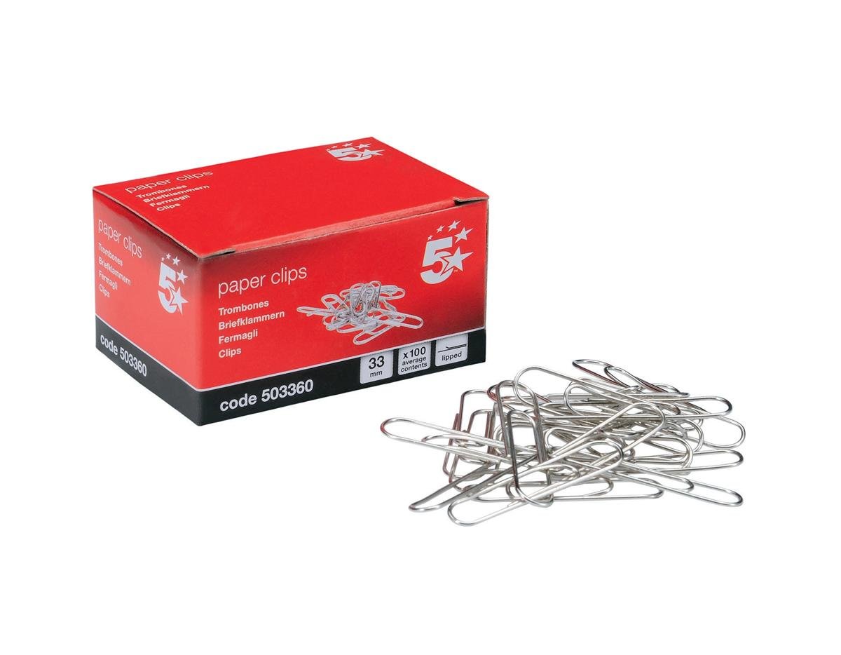 5 Star Paperclips Metal Large 33mm Lipped [Pack of 10x100], Silver