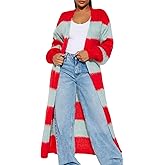 Quzzion Womens Color Block Striped Long Cardigan Sweaters Open Front Fuzzy Chunky Cardigans Casual Loose Knit Coats