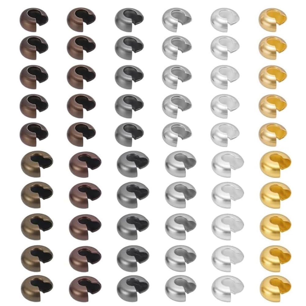 PH PandaHall 420pcs 6 Colors Brass Crimp Bead Cover Knot Cover Cap Cord End Caps Half Round Open Crimp Beads Covers for DIY Crafts Earring Bracelet Necklace Jewellery Making, 3mm 4mm