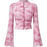 OYOANGLE Women's Floral Print Mesh Crop Tops Bell Long Sleeve Mock Neck Frill Trim Slim Fit T Shirts