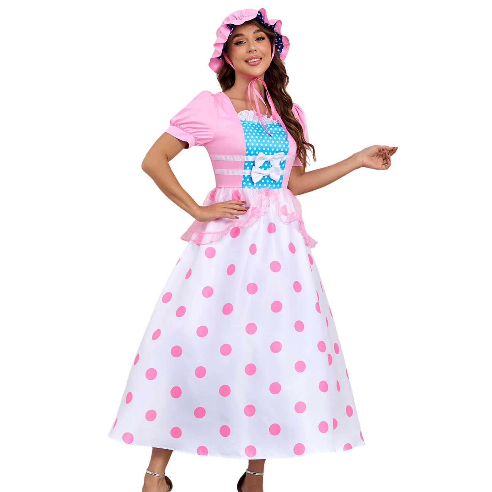AYYOHON Women Pink Polka Dot Dress Costume Adult Halloween Cosplay Fancy Dress Outfit Deluxe Costumes With Hat M