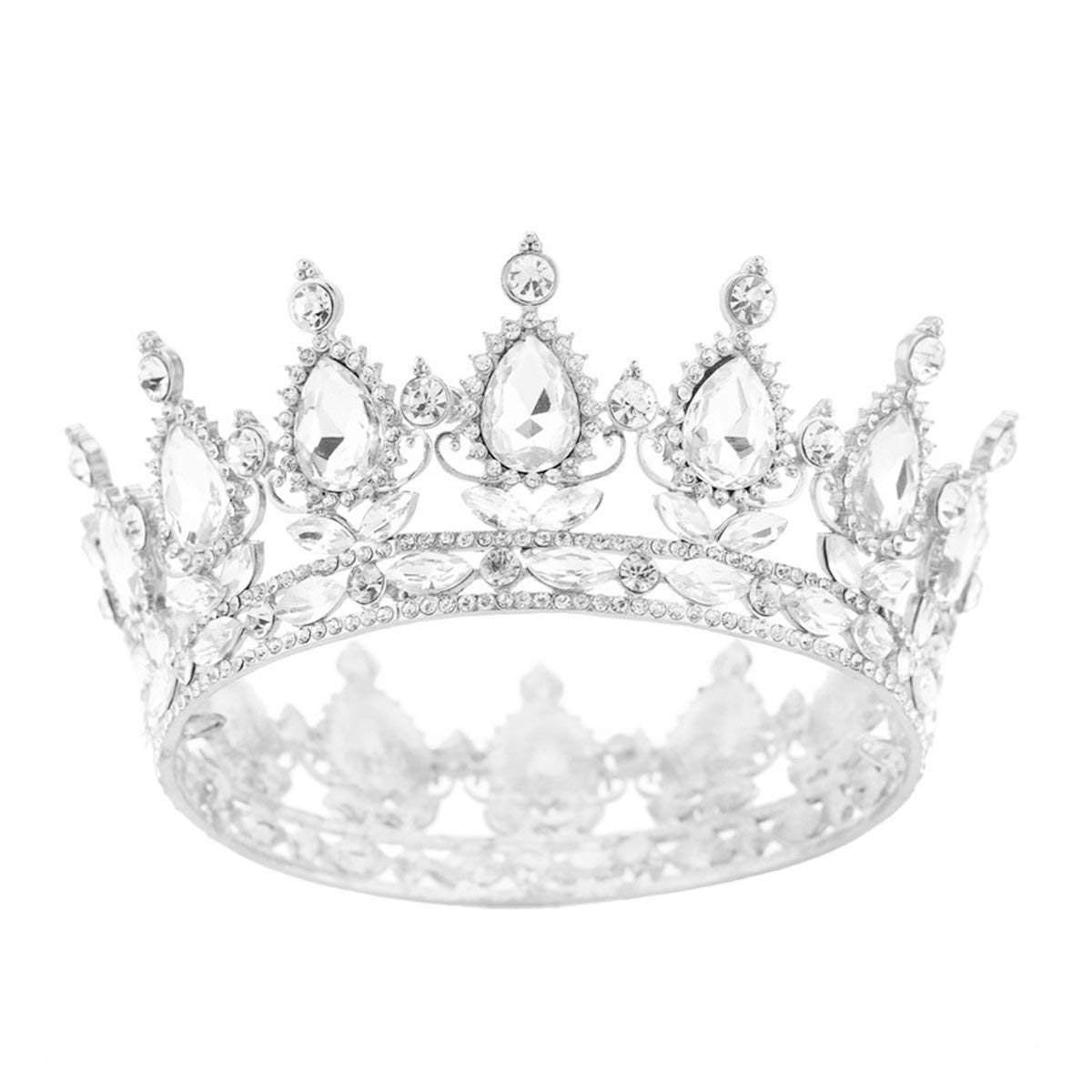 queen round silver crown tiara Full Round Crowns for Women Rhinestone Rhinestone Wedding  main image 4