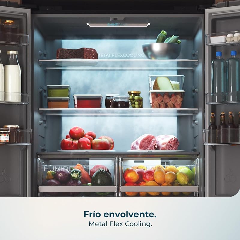 American Refrigerator 4 portas Bolero CoolMarket 4D 503 Black Glass D. 503 L, Altura 177,5 cm, Largura 85 cm, Total NoFrost, Motor Inversor, Multi AirFlow, Ecrã Tátil