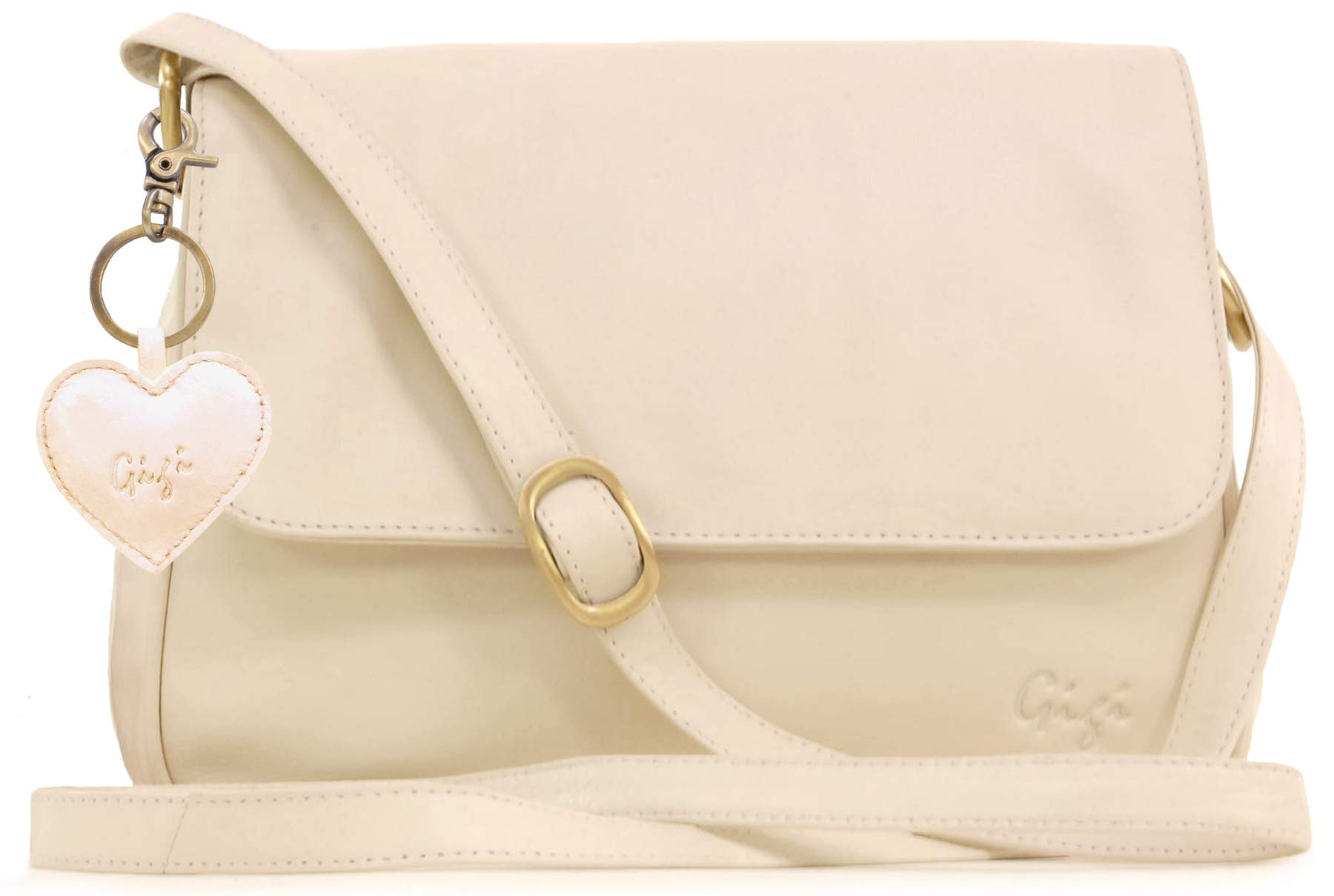 Gigi - Women's Medium Leather Cross Body Bag - Flap Over Handbag With Long Adjustable Strap - With Heart Keyring Charm - Othello 1008 - Cream