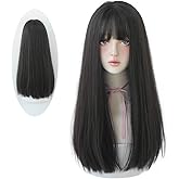 HUAISU Long Black Straight Hair Wig with Bangs Synthetic High Density Long Hair Wig for Women (Black tea)