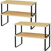 OGEMXU Cabinet Shelf Organizers, 15.7 inches Large Kitchen Counter Shelf, Set of 4 Wood Kitchen Pantry Organizer, Storage Shelves for Countertop, Spice Rack, Stackable, Expandable, Metal Black, Nature