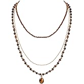 Bohemian Beaded Choker Necklaces for Women Handmade Multilayered Hippie Boho Natural Stone Tiger Eye Obsidian Lapis Lazuli Beads Strand Vintage Stone Pendant Statement Necklace Jewelry Gift for Women