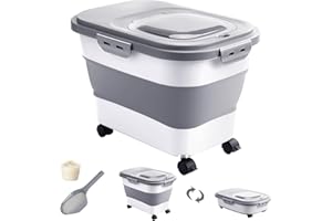 DDMOMMY 20-30 Lbs Rice Storage Container,Collapsible Food Storage Containers with Rolling Wheel Airtight Locking Lid,Flour Storage Container with Cup and Scoop,Suitable for Food,Rice,Pet Food,Flour