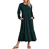 KLWCJFFF Women's Casual Long Sleeve Midi Dress 2024 Fall Crewneck A Line Tiered Flowy Loose Trendy Dresses with Pockets