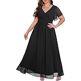 Talisea Plus Size Formal Dresses - V Neck Flutter Sleeve Glitter Prom Evening Gowns Wedding Guest Chiffon Long Maxi Dress