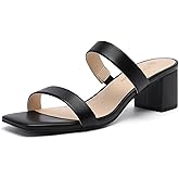 Athlefit Women's Two Strap Open Toe Heels Sandals Chunky Block Comfortable Slip On Low Heel Dress Shoes